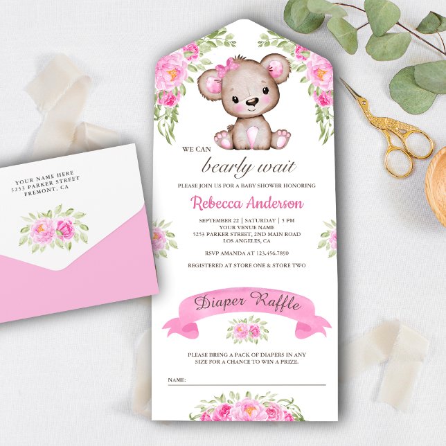 Chá de Bebê Urso Teddy Floral Aquarela Rosa (Criador carregado)