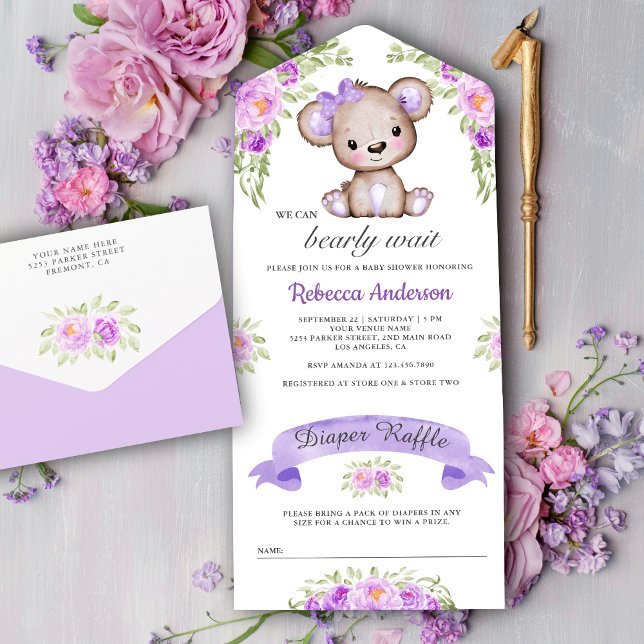 Chá de Bebê Urso Teddy Floral Aquarela Roxa (Criador carregado)