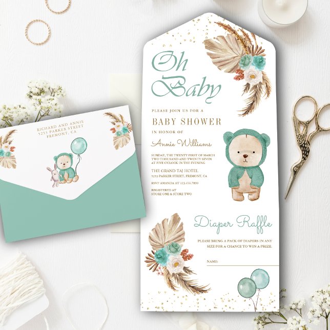 Chá de Bebê Urso Teddy Floral Boho Pampas Verde (Criador carregado)