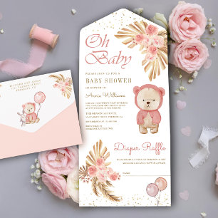 Chá de Bebê Urso Teddy Rosa Floral Boho Pampas