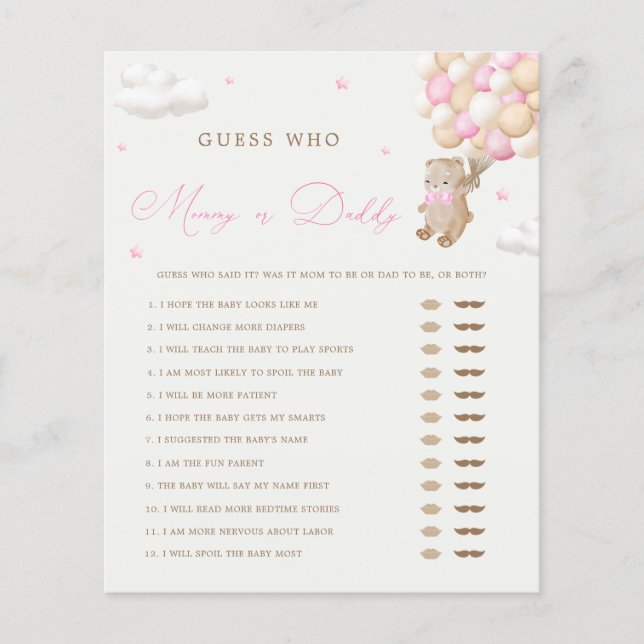 Chá de Bebê Urso Teddy Rosa - Mãe ou Pai Jogo (Frente)