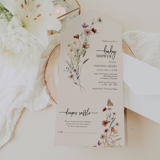 Chá de Bebê Wildflower Convite Completo (Watercolor Boho Wildflower Baby Shower All In One Invite by Painted Paperie
)