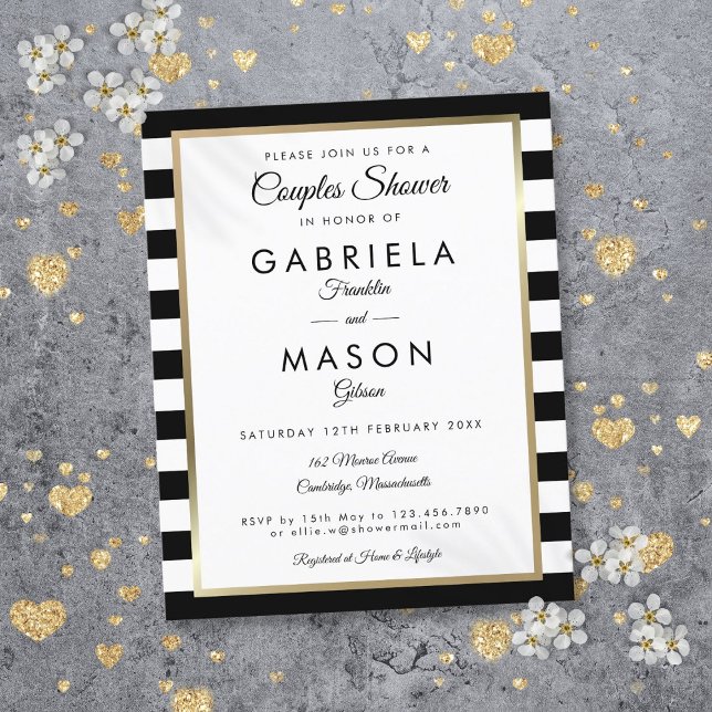 Chá de Casais Dourados com Faixa Preta de Orçament (Budget Black Stripe Gold Couples Shower Invitation)