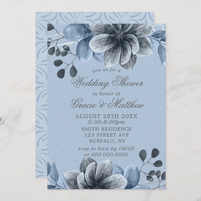 Chá de casamento Floral de Prata Azul Dusty Convid (Frente/Verso)