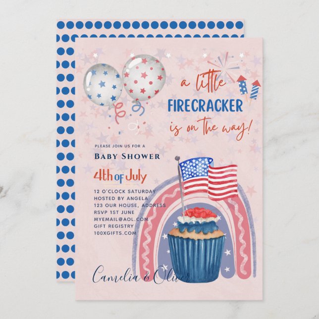 chá de fraldas 4 de julho CONVITE Cupcake Firecrac (Frente/Verso)