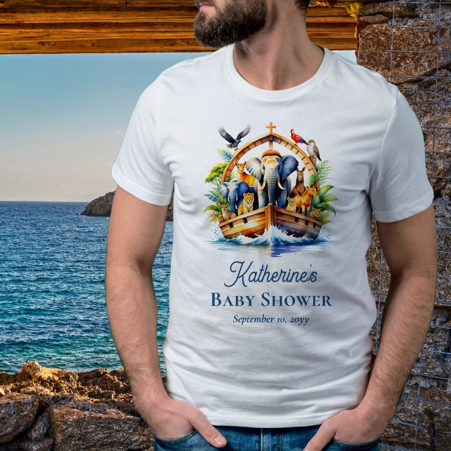 Chá de fraldas Azul de Bichinhos-de-Arca de Noah (Noah's Ark Cute Animals Boy Baby Shower Man's T-Shirt)