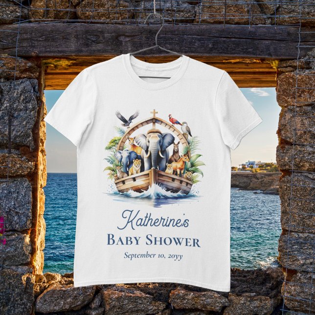 Chá de fraldas Azul de Bichinhos-de-Arca de Noah (Noah's Ark Cute Animals Boy Baby Shower Woman's T-Shirt)