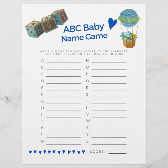 Chá de fraldas Baby Name Game Baby Boy Trendy Dive (Frente)