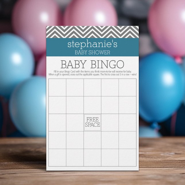 Chá de fraldas Bingo - Teal e Cinza Chevrons (Custom Baby Shower Games)