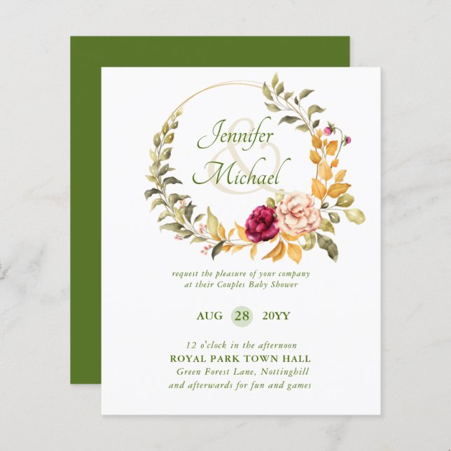 CHÁ DE FRALDAS BUDGET Burgundy Floral Wreath Invit (Frente/Verso)