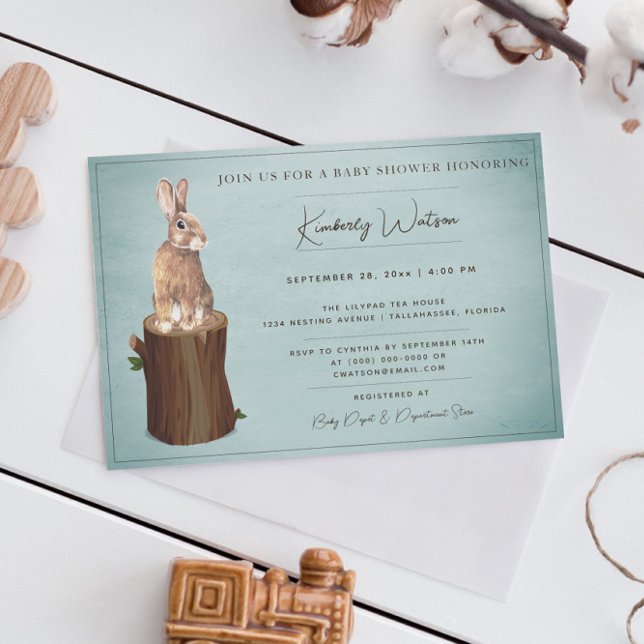 Chá de fraldas Bunny Woodland | Convite à apresent (Teal Woodland Bunny Baby Shower Invitation)