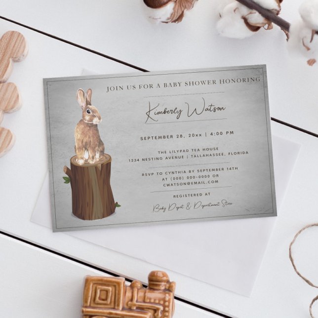 Chá de fraldas Bunny Woodland | Convite à Cinza (Gray Woodland Bunny Baby Shower Invitation)