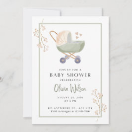 chá de fraldas convite flores verdes pram