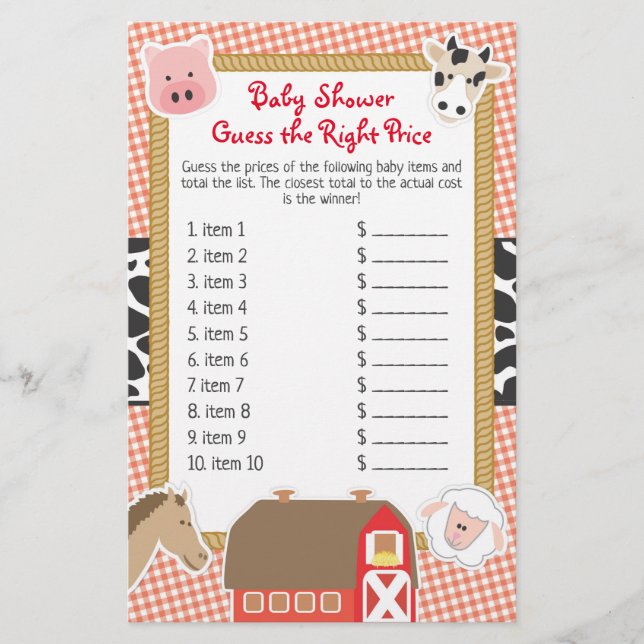 Chá de fraldas De Animais De Fazenda Adivinha Jogo (Frente)