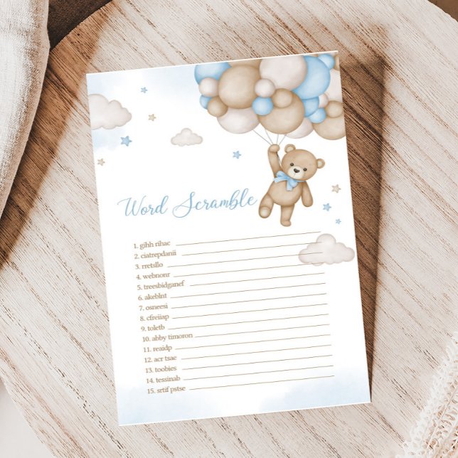 Chá de fraldas de Balões de Urso Azul Jogo de Pala (Blue Bear Baby Shower Word Scramble Game)