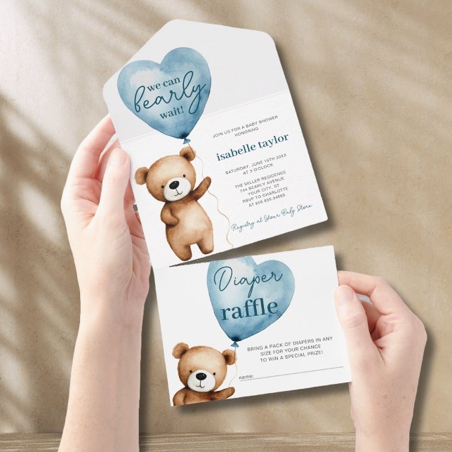 Chá de fraldas De Balões De Urso Todos Em Um Convi (Bear Balloons Baby Shower All In One Invitation)