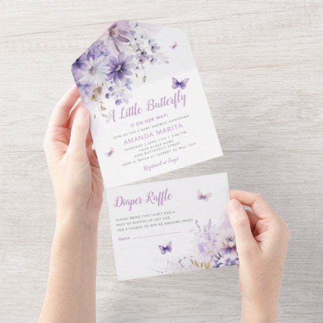 Chá de fraldas de Boho Purple Floral Butterfly (Aba destacável)