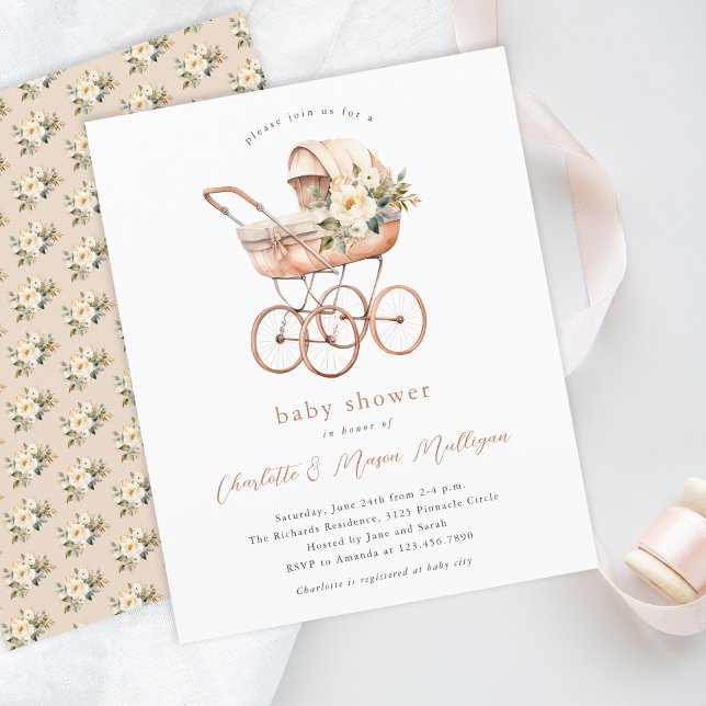Chá de fraldas de Carruagem neutra para bebês da V (Vintage baby carriage gender neutral budget baby shower invitation.)