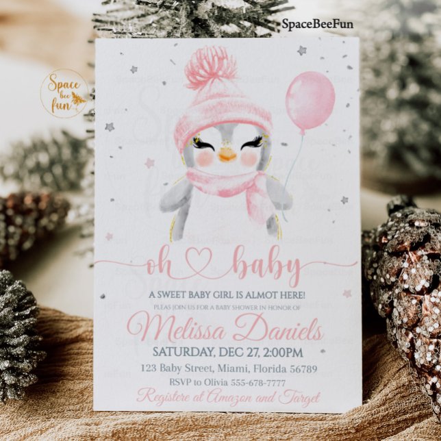 Chá de fraldas de Convite para Pinguins Flocos de  (Winter Baby Shower Pinguin invitation)