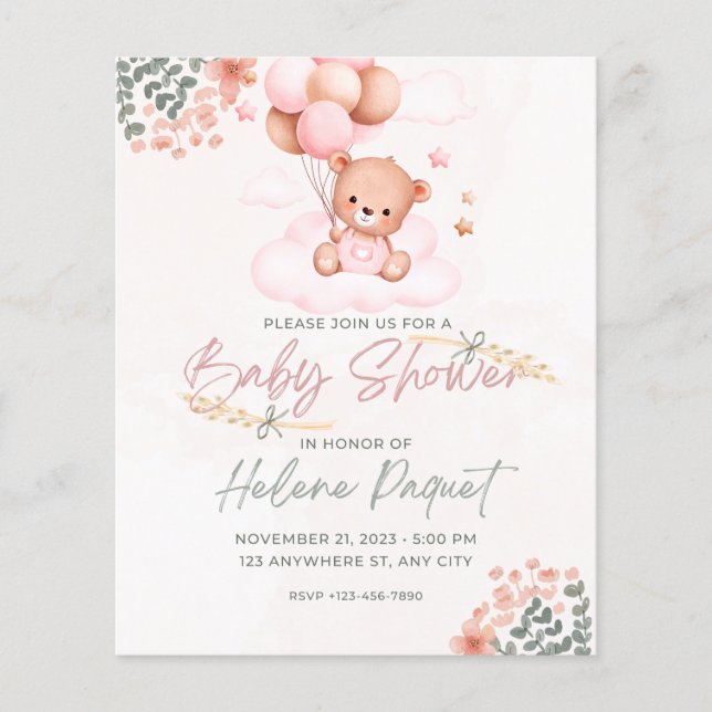 chá de fraldas de convite, urso, animal fofo (Frente)