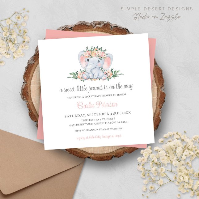 Chá de fraldas de Elefante Cortina Floral Rosa Mod (Simple Cute Elephant Baby Shower Invitation with Blush Pink Floral and Greenery)