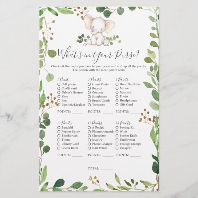 Chá de fraldas de elefante O que há na sua bolsa (Frente)