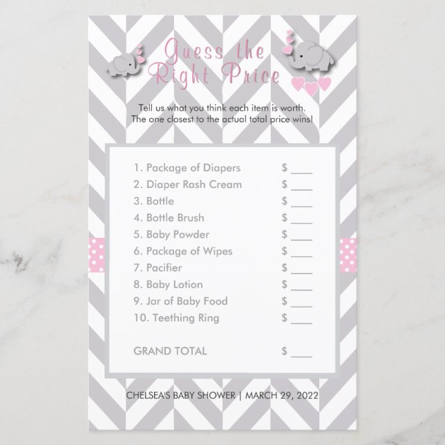 Chá de fraldas de Elefante Rosa e Cinza - Adivinha (Frente)