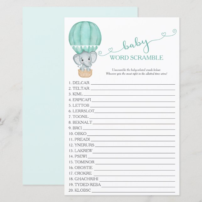 Chá de fraldas de Elefante Verde Jogo de Palavra (Frente/Verso)