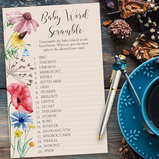 Chá de fraldas de flor selvagem - Jogo de palavras (Baby Word Scramble Baby Shower Game from my Wildflower Charm collection)