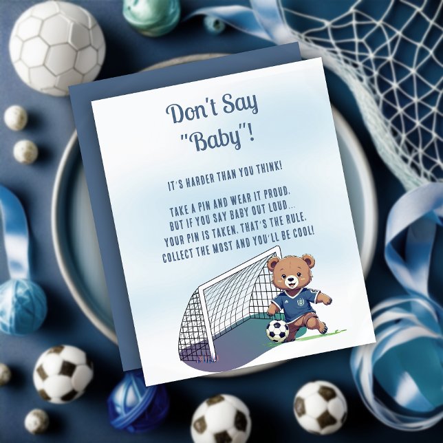 Chá de fraldas de futebol do Bear Garoto Não Diga  (Cute Blue Teddy Bear Soccer Player Boy Baby Shower "Don't Say Baby!" Game Card)