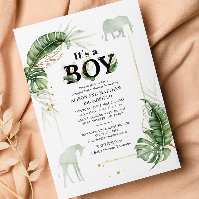 Chá de fraldas de Girafa Elefante Safari (Jungle Safari Boy Baby Shower Invitation)