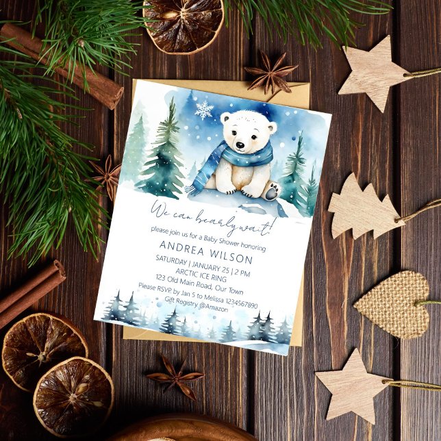 Chá de fraldas de inverno para o urso polar (Polar bear winter baby shower budget invitation cute white teddy bear with a scarf winter wonderland)
