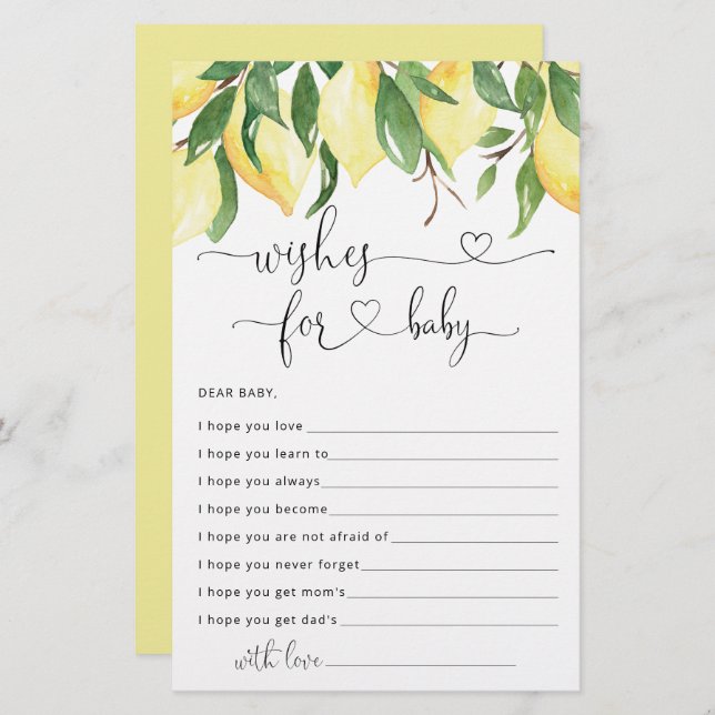 Chá de fraldas de limão de aquarela desejos para c (Frente/Verso)