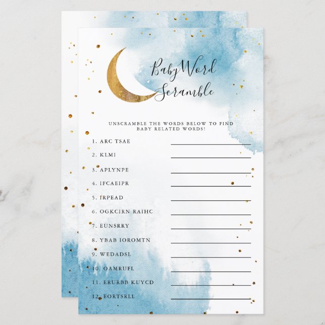 Chá de fraldas de Lua Azul Jogo de Palavra (Frente/Verso)