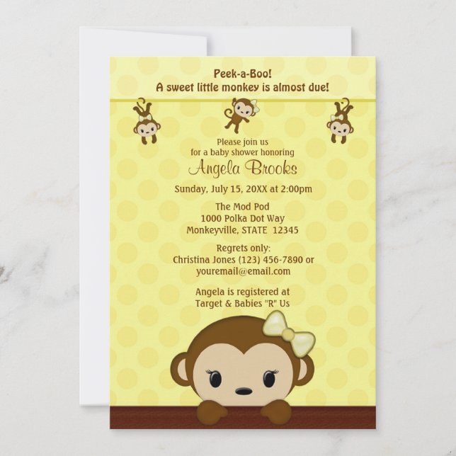 Chá de fraldas de MACACOS Convite Polka YELLOW GIR (Frente)