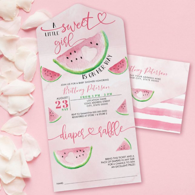 Chá de fraldas de melancia Raffle rosa Fralda (This exquisitely designed invitation captures the essence of summer with its vibrant watercolor.)