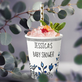 Chá de fraldas de Nome Personalizado Floral Azul d