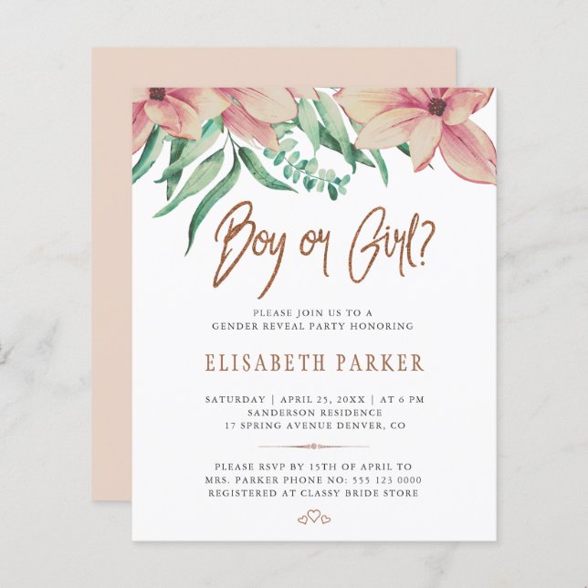 Chá de fraldas de orçamento de gênero revelar conv (Frente/Verso)