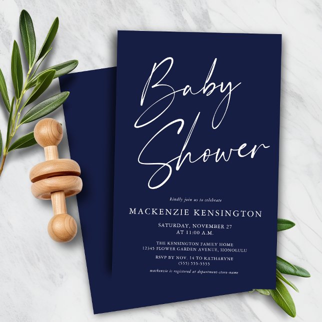 Chá de fraldas de Script Simples Azul do Marinho M (Budget Modern Navy Blue Simple Script Baby Shower Invitation)