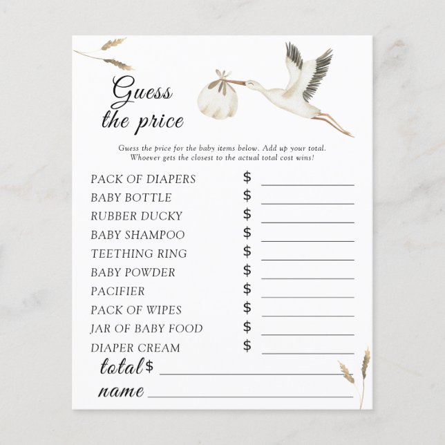 Chá de fraldas de Stork - Adivinha o jogo de preço (Frente)