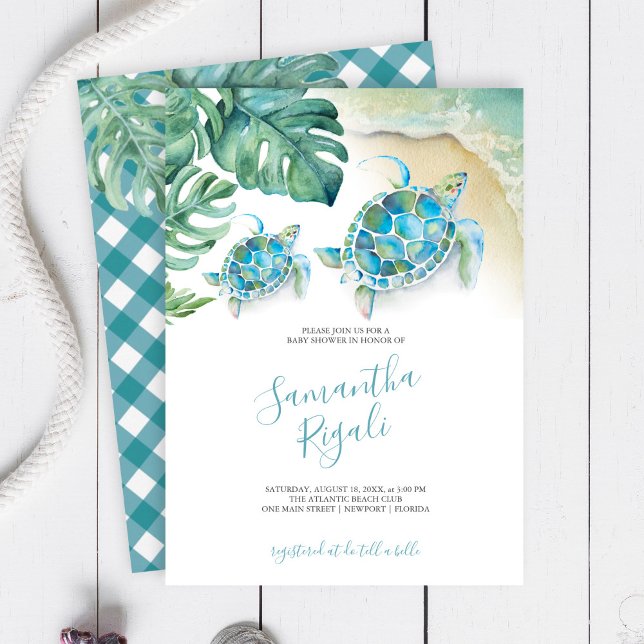 Chá de fraldas de Tartaruga do Mar de Folhas Tropi (Baby shower invitations tropical watercolor sea turtle, palm leaves and ocean with gingham print)