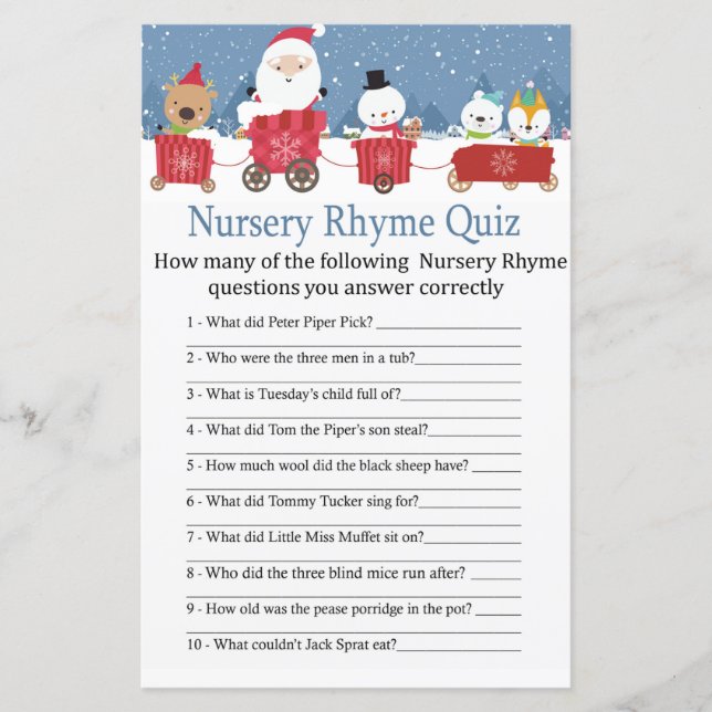 Chá de fraldas de trem de Natal Nursery Rhyme Quiz (Frente)