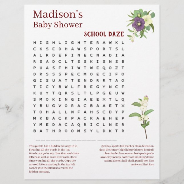 Chá de fraldas do Jogo de Pesquisa do Word 🍼 Dive (Verso)