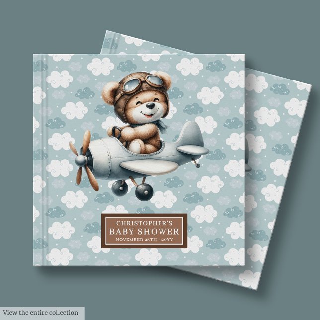 Chá de fraldas do livro convidado do Teddy Bear Pi (Baby Shower Guest Book Teddy Bear Pilot Boy Decor)