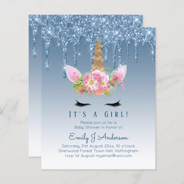 Chá de fraldas do Unicórnio  Blue Girls Cute (Frente/Verso)