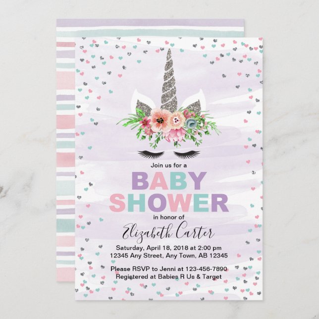 chá de fraldas do Unicórnio convite para garotas r (Frente/Verso)