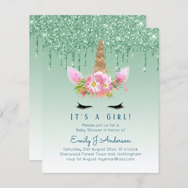 Chá de fraldas do Unicórnio Verde Girls Cute (Frente/Verso)