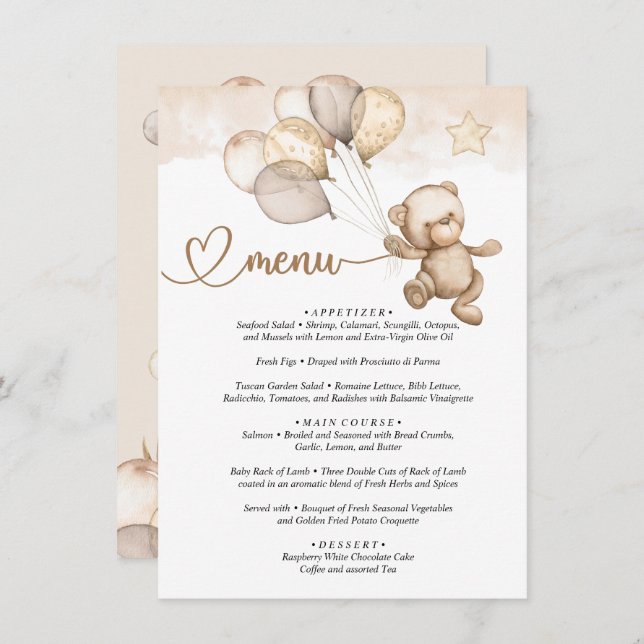 Chá de fraldas do Urso Bebê do Menu Teddy (Frente/Verso)