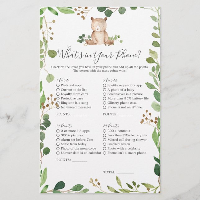 Chá de fraldas do urso O que há no seu telefone (Frente)