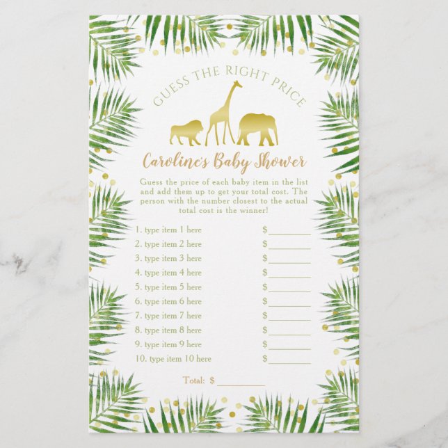 Chá de fraldas Dourado Safari Animal Adivinha Jogo (Frente)